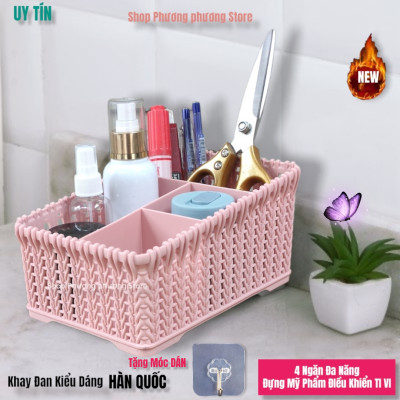 Khay đựng mỹ phẩm cao cấp nhiều ngăn kiểu dáng mây đan HÀN QUỐC ( Tặng vỉ dán tường )